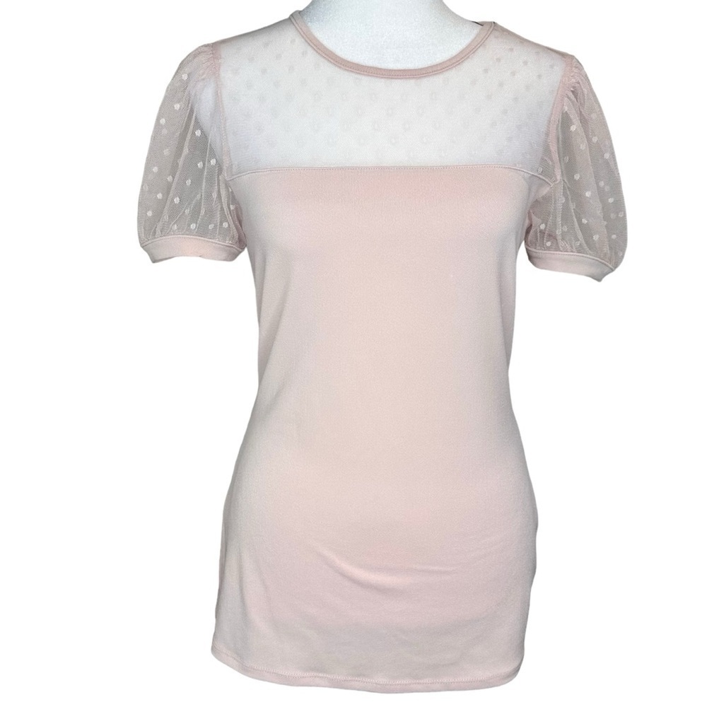 Express Pink Mesh Yoke Dot Sleeve Short Sleeve Top
